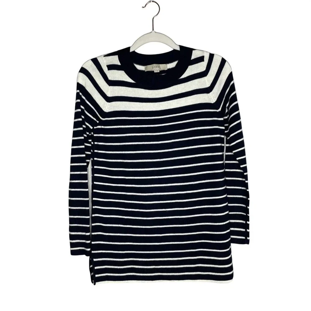 Loft Striped Sweater in Navy Size XS Blue and White Crew Neck